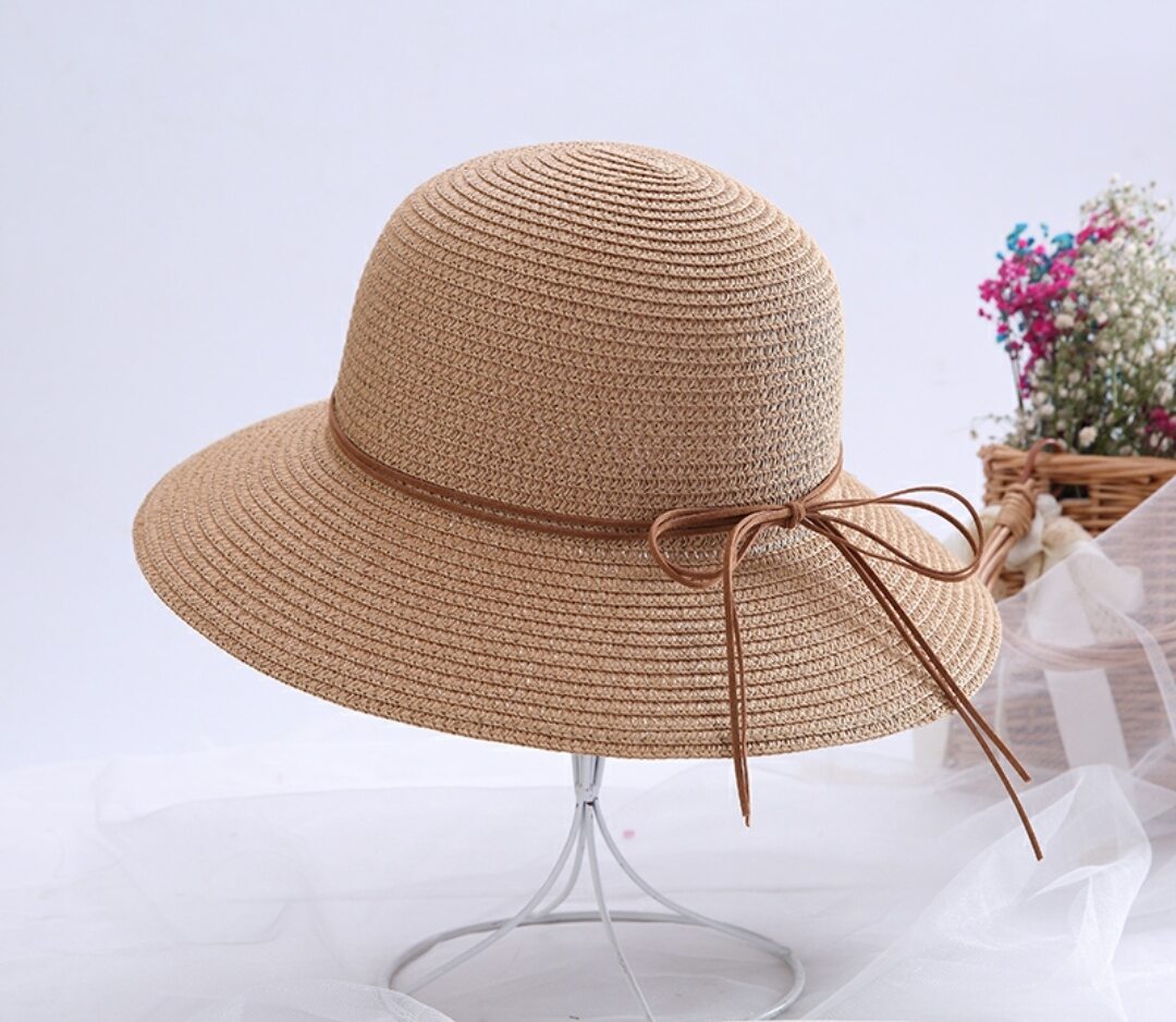 Nón đi biển đẹp mũ cói rộng vành phối dây da cho nữ thoáng mát