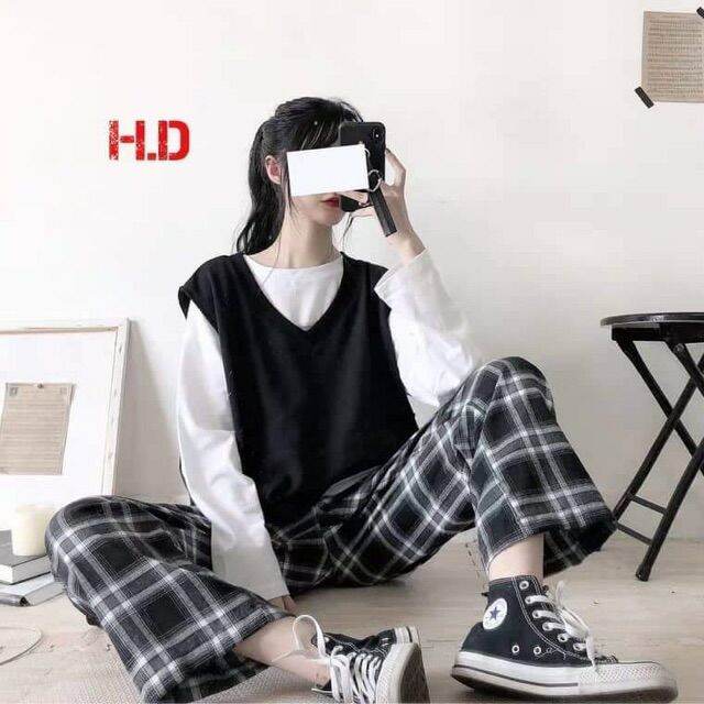 Sét bộ 3 món áo gile kết hợp áo thụng dài tay và quần kẻ ống rộng 2023