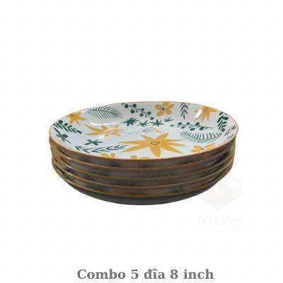 Combo 5 đĩa gốm sứ 23cm, đĩa gốm sứ hoa văn cao cấp,dĩa sứ