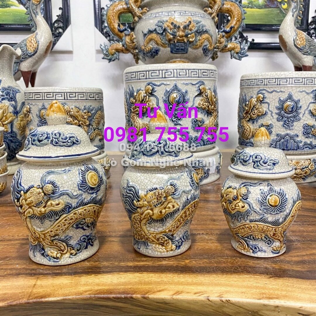 Chóe Thờ Cúng Hoa Sen,Hũ Thờ Men Rạn Gốm Bát Tràng
