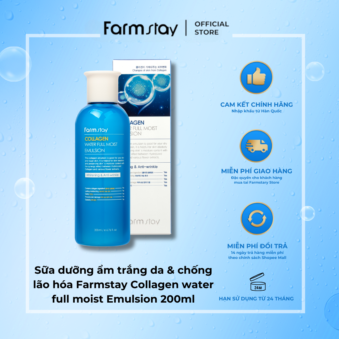 Sữa dưỡng ẩm trắng da & chống lão hóa Farmstay Collagen water full moist Emulsion 200ml