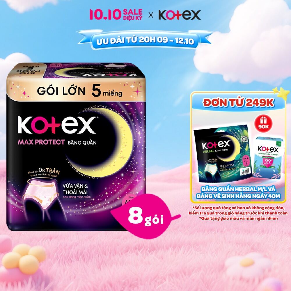 Thùng 8 gói BVS Kotex Ban Đêm Dạng Quần cỡ M/L 5 miếng