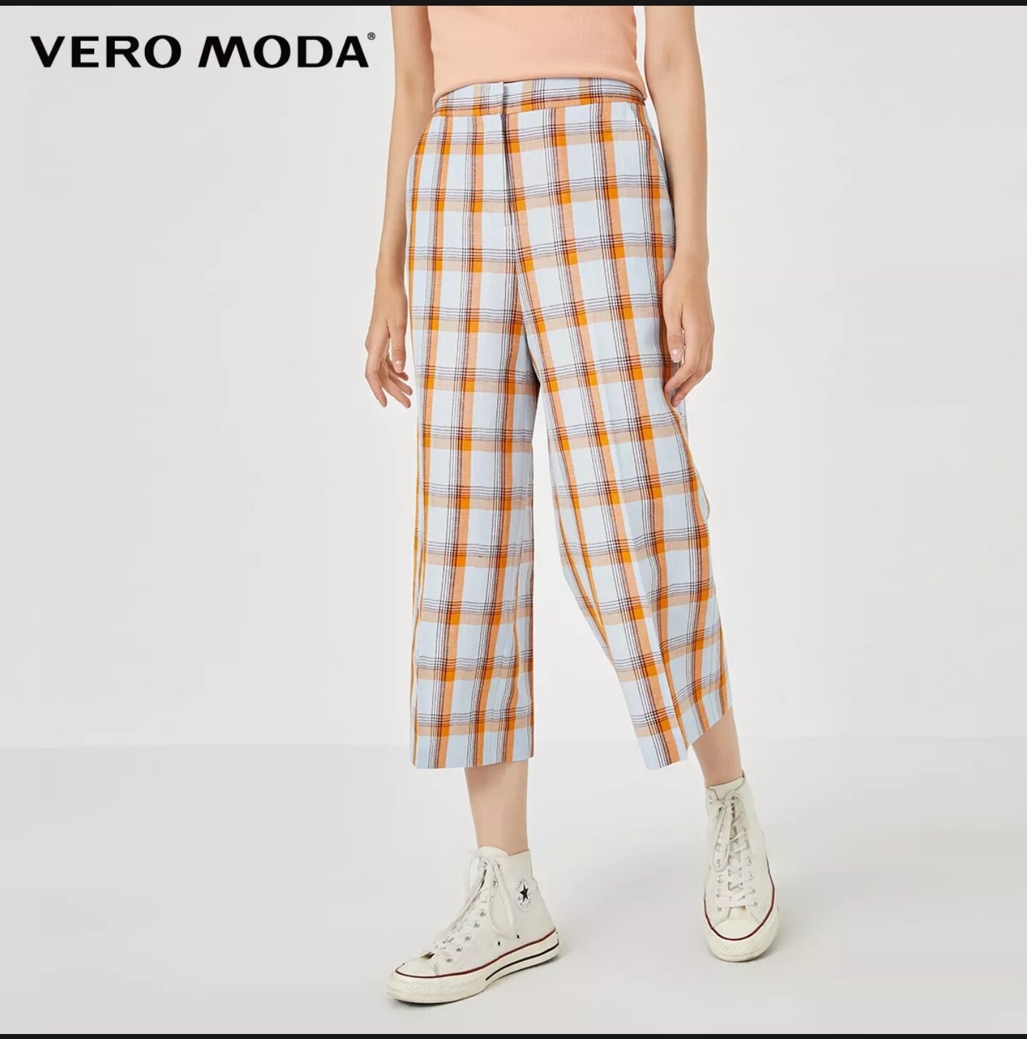 Vero moda - quần lửng vải lanh cạp vừa kẻ ca rô cho nữ