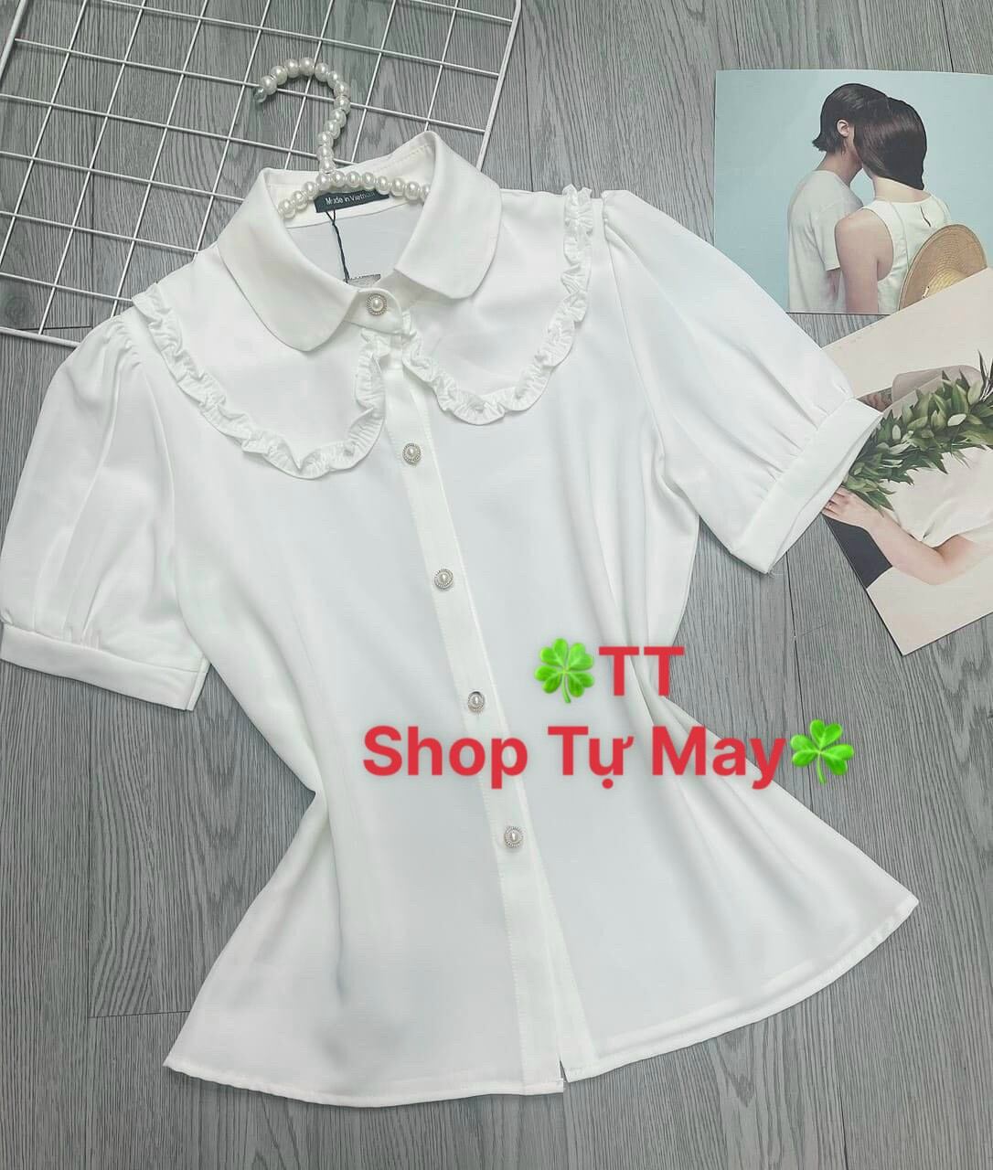 Áo sơ mi xinh nữ viền bèo tay ngắn