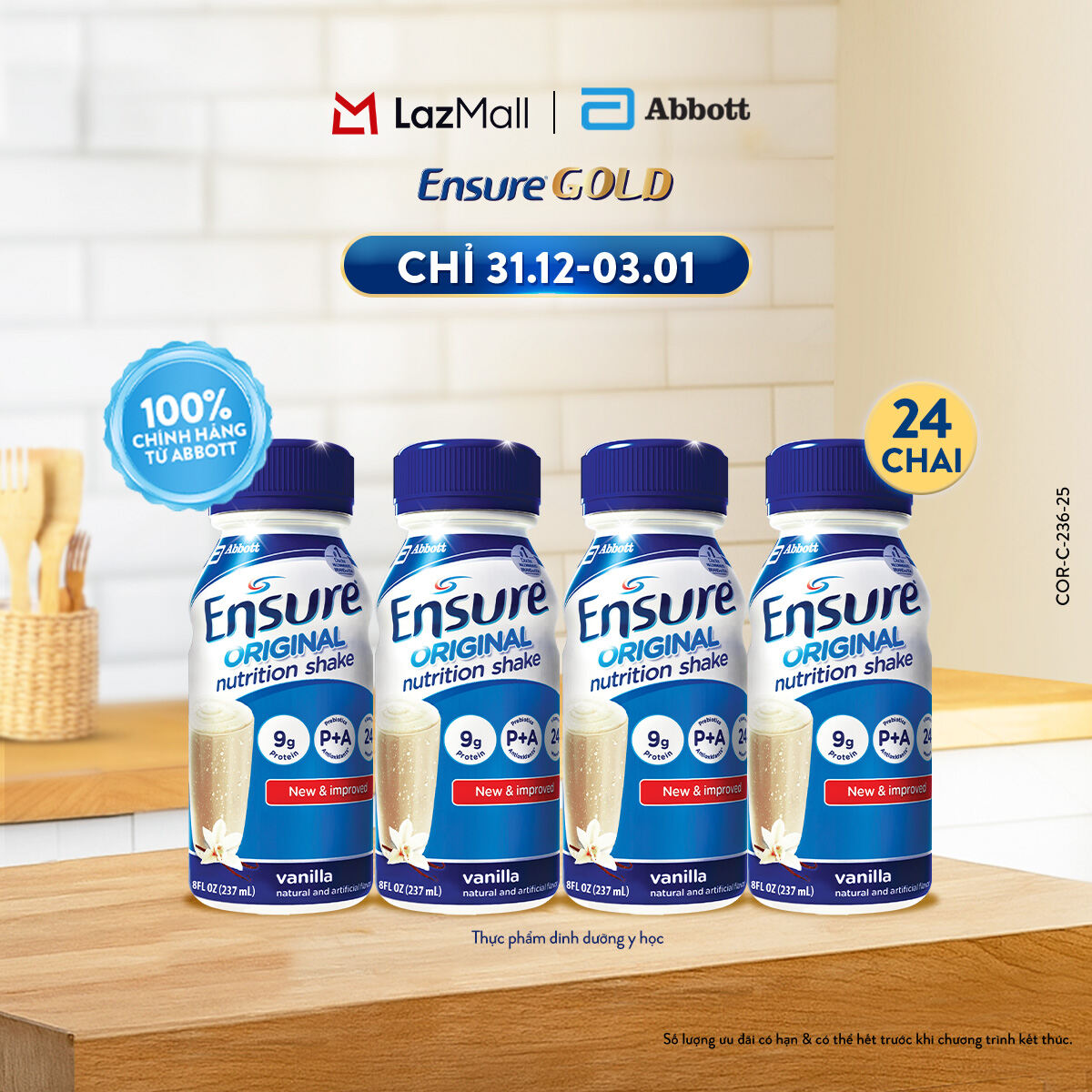   CHỈ 31.12-03.01 GIÁ TỐT MUA NGAY-SLCH  Thùng 24 Chai Sữa Nước Ensure Abbott Hương Vani 237ml  bao bì thay đổi theo từng đợt nhập hàng  