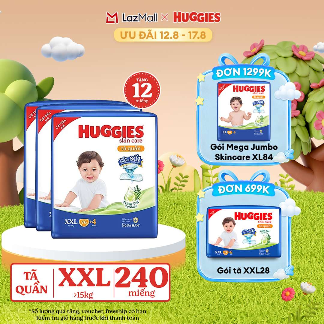 [12-17.08 GIẢM THÊM 90K] Combo 3 Gói Tã/bỉm quần HUGGIES SKINCARE MEGA JUMBO size XXL76+4 miếng