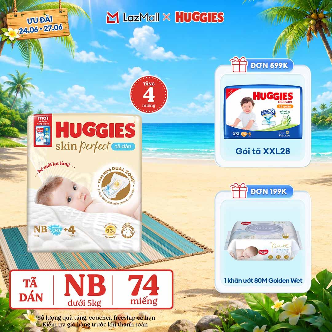 [Chỉ 25-29.06 QUÀ TẶNG ĐƠN 0Đ]  Tã/bỉm dán sơ sinh Huggies Skin Perfect NB70 với 2 vùng thấm giảm kích ứng da (tặng miếng thay đổi theo từng đợt)