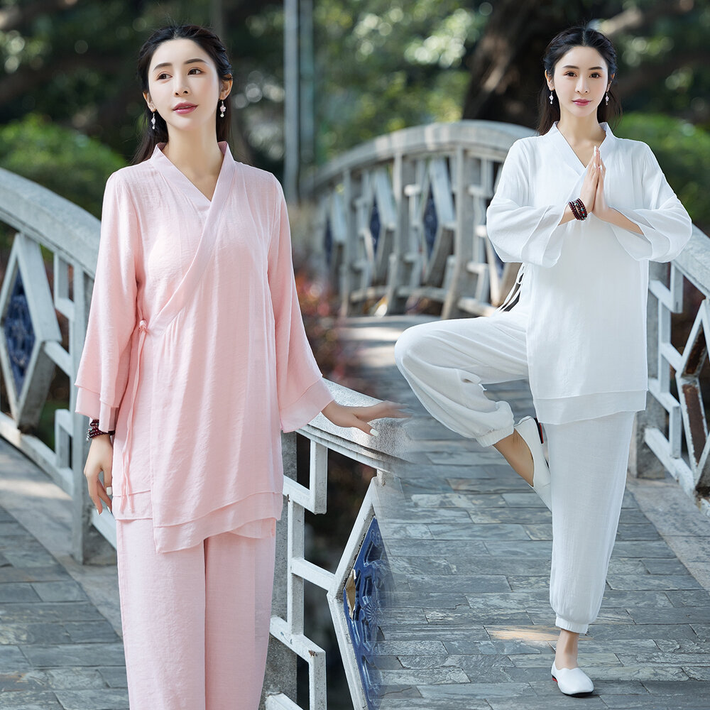 Trang phục yoga phong cách trung quốc cách tân mùa xuân 2023, trang phục thiền cotton lanh cho nữ, trang phục thái cực quyền luyện tập ngồi thiền bộ hai chiếc