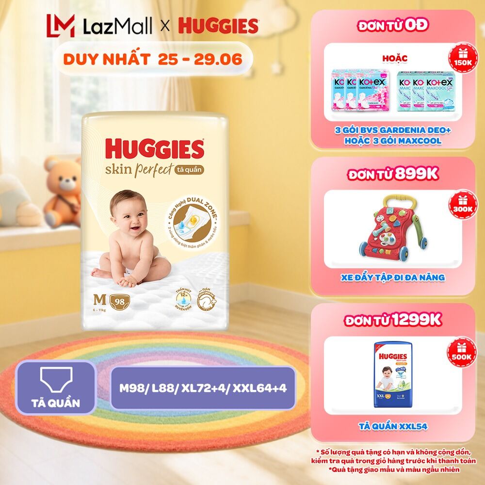 Tã quần Huggies Skin Perfect Mega Jumbo M98/L88/XL72+4/XXL64+4 miếng với 2 vùng thấm giảm kích ứng da