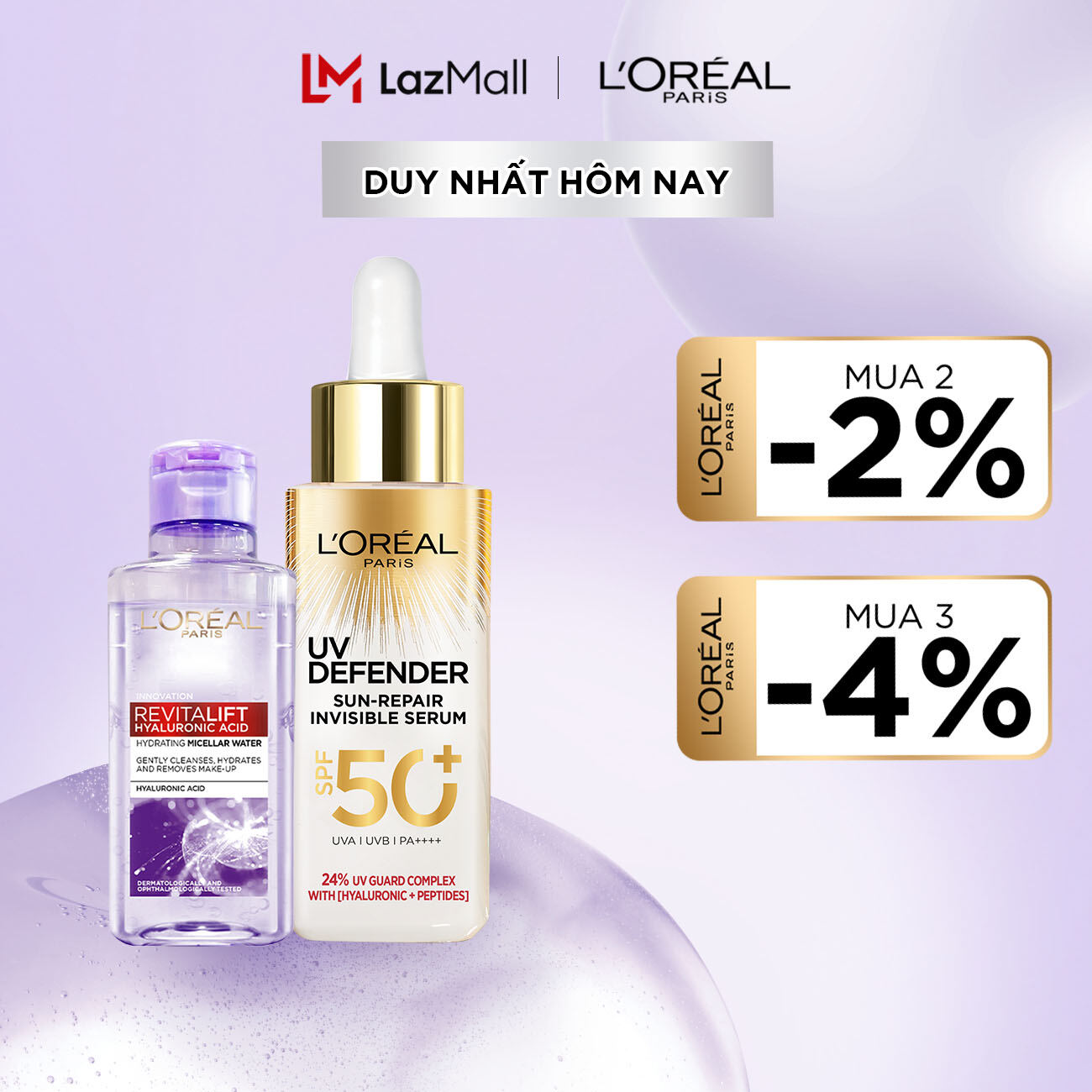 Bộ serum chống nắng phổ rộng l'oreal paris uv defender sun- repair invisible serum 30ml và nước tẩy trang 95ml