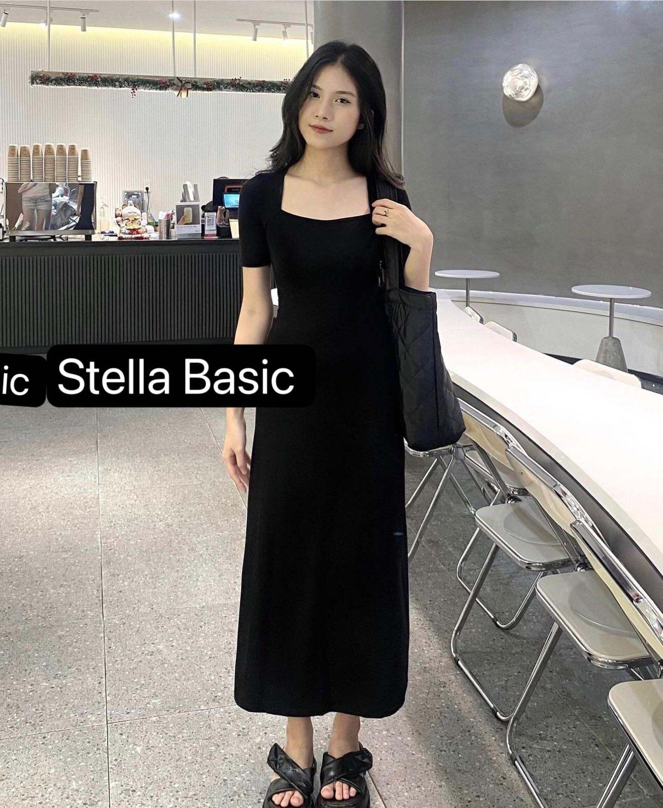 Váy zara dáng basic cổ vuông, Đầm cổ vuông nữ dáng dài màu đen tôn dáng