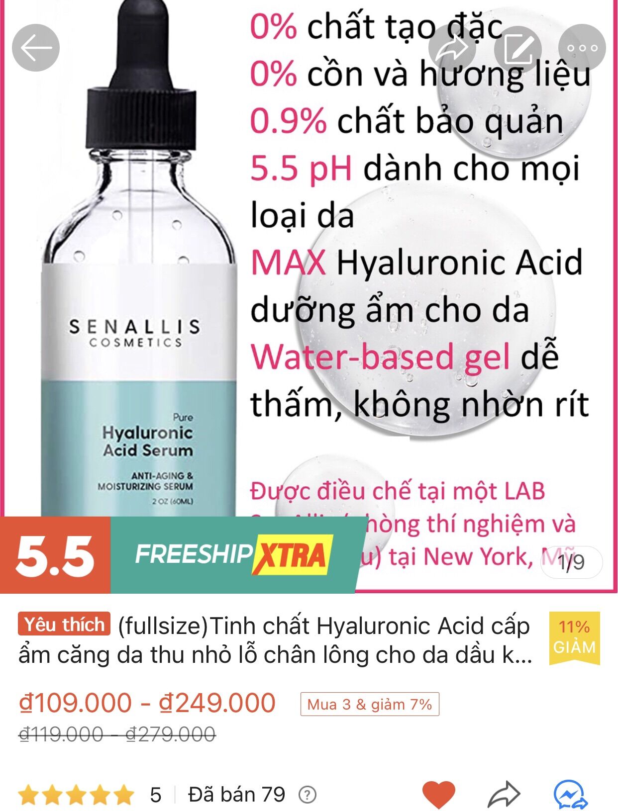 [HCM]Serum cấp ẩm và thu nhỏ lỗ chân lông Hyaluronic Acid (SenAllis Mỹ)