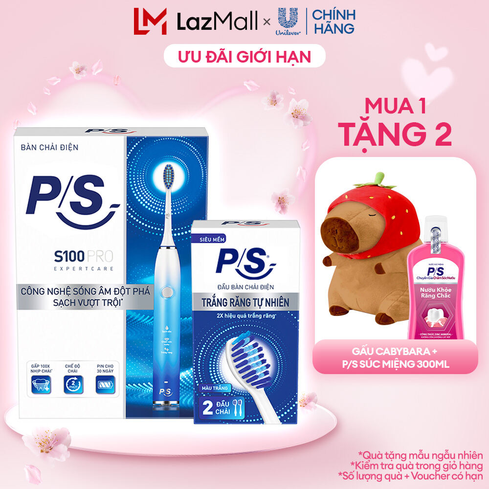Bộ Bàn Chải Điện P/S S100 PRO màu xanh ombre & Bộ 2 đầu chải thay thế Trắng răng tự nhiên
