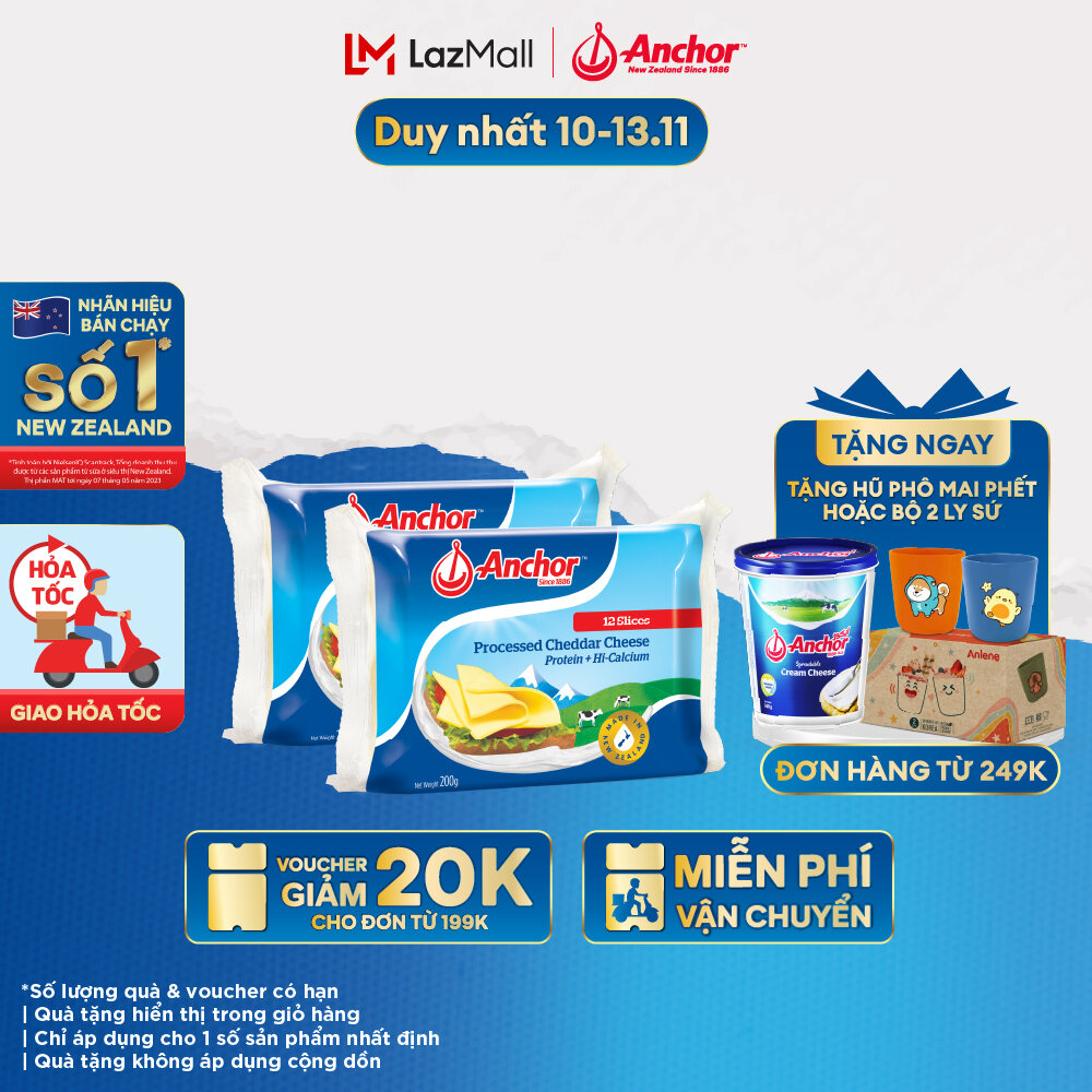 [GIAO HÀNG HỎA TỐC - HCM] Combo 2 Phô Mai Lát Anchor Cheddar 200G (12 Miếng)