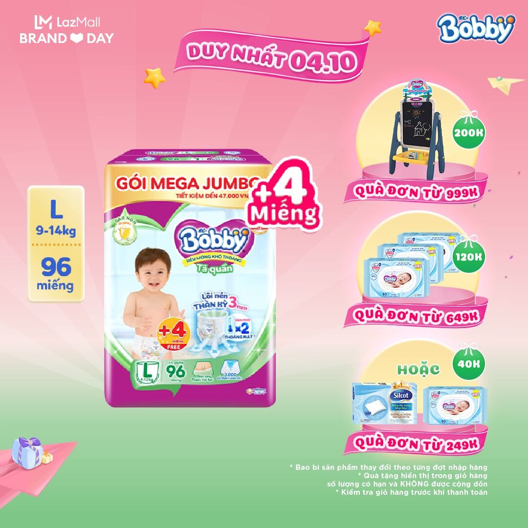 [Tặng thêm 4 miếng] Tã/bỉm quần Bobby 3mm Gạo non L96