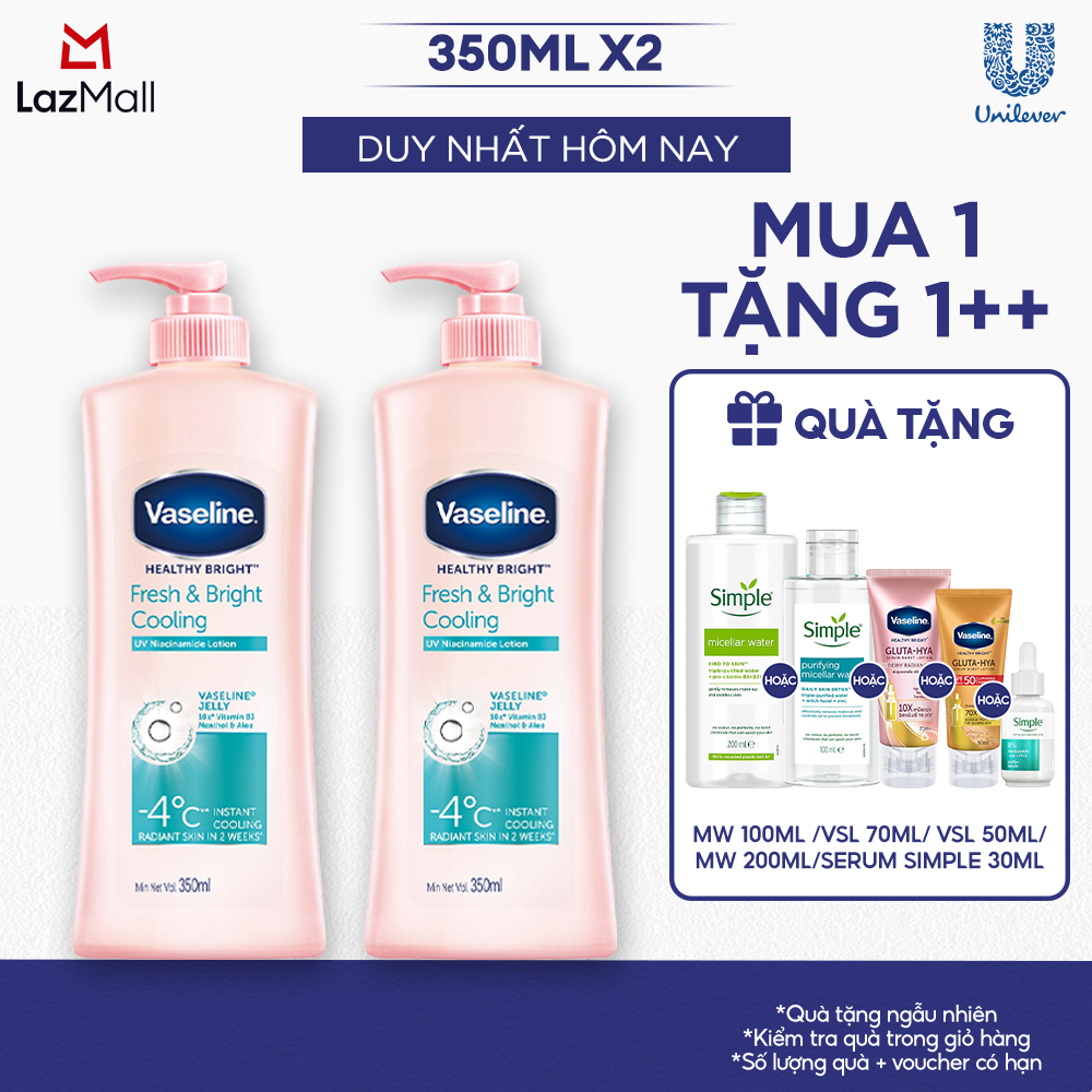 Combo 2 Sữa Dưỡng Thể Vaseline Dưỡng Ẩm Fresh  Bright 10x Niacinamide Da Sáng Khỏe Mịn Căng Tinh Chất Menthol Mát Lạnh 350ml x 2