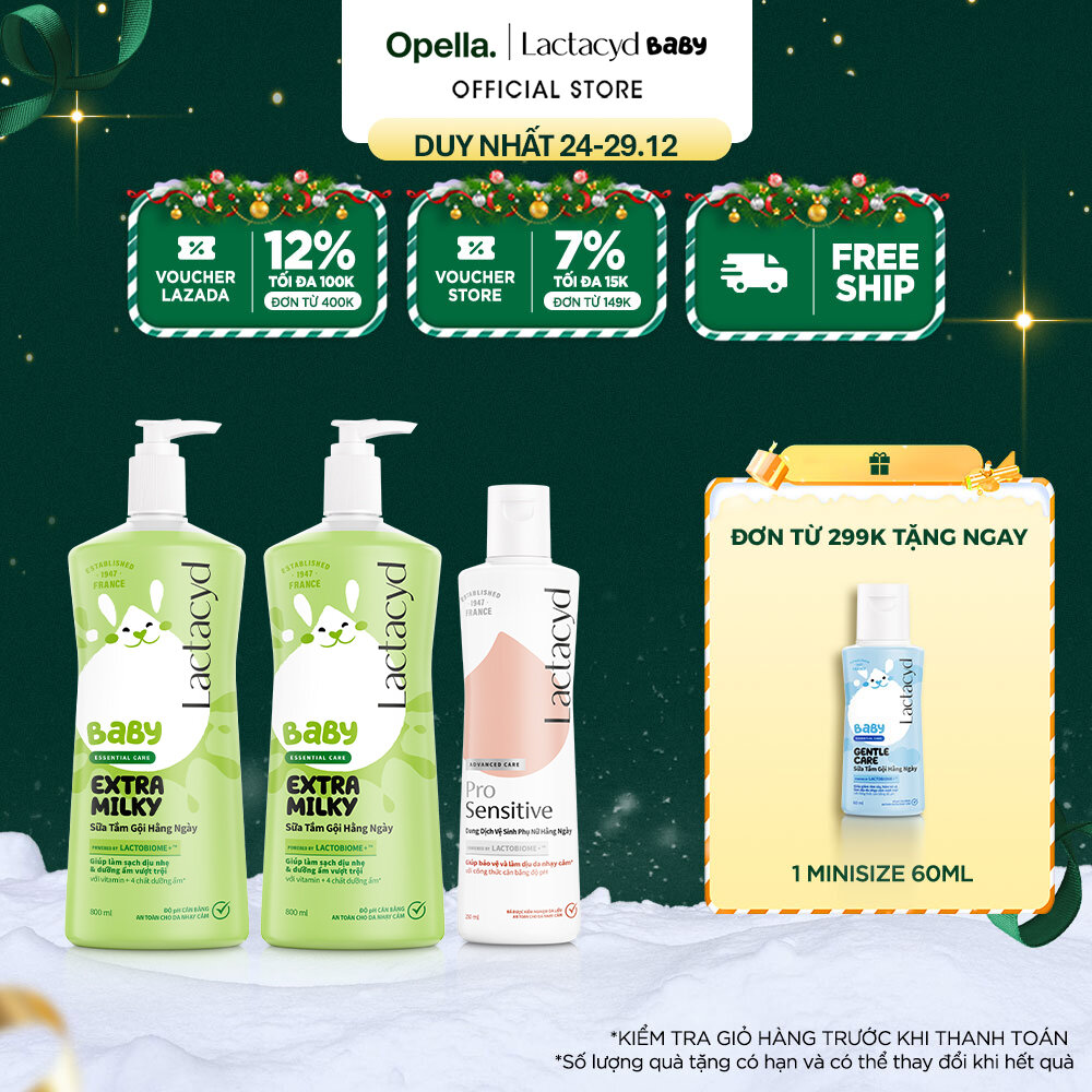  Bộ 2 Chai Sữa Tắm Gội Trẻ Em Lactacyd Baby Extra Milky Làm Sạch Dịu Nhẹ và Dưỡng Ẩm Vượt Trội Size Jumbo 800ml + Chai Dung Dịch Vệ Sinh Phụ Nữ Lactacyd Pro Sensitive Cho Da Nhạy Cảm 250ml 