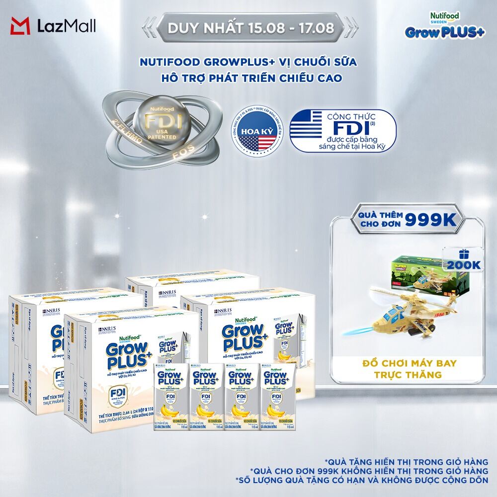 Combo 4 Thùng 24 hộp Sữa bột pha sẵn Nutifood GrowPLUS+ Vị Chuối Sữa hộp 110ml - Hỗ trợ phát triển chiều cao