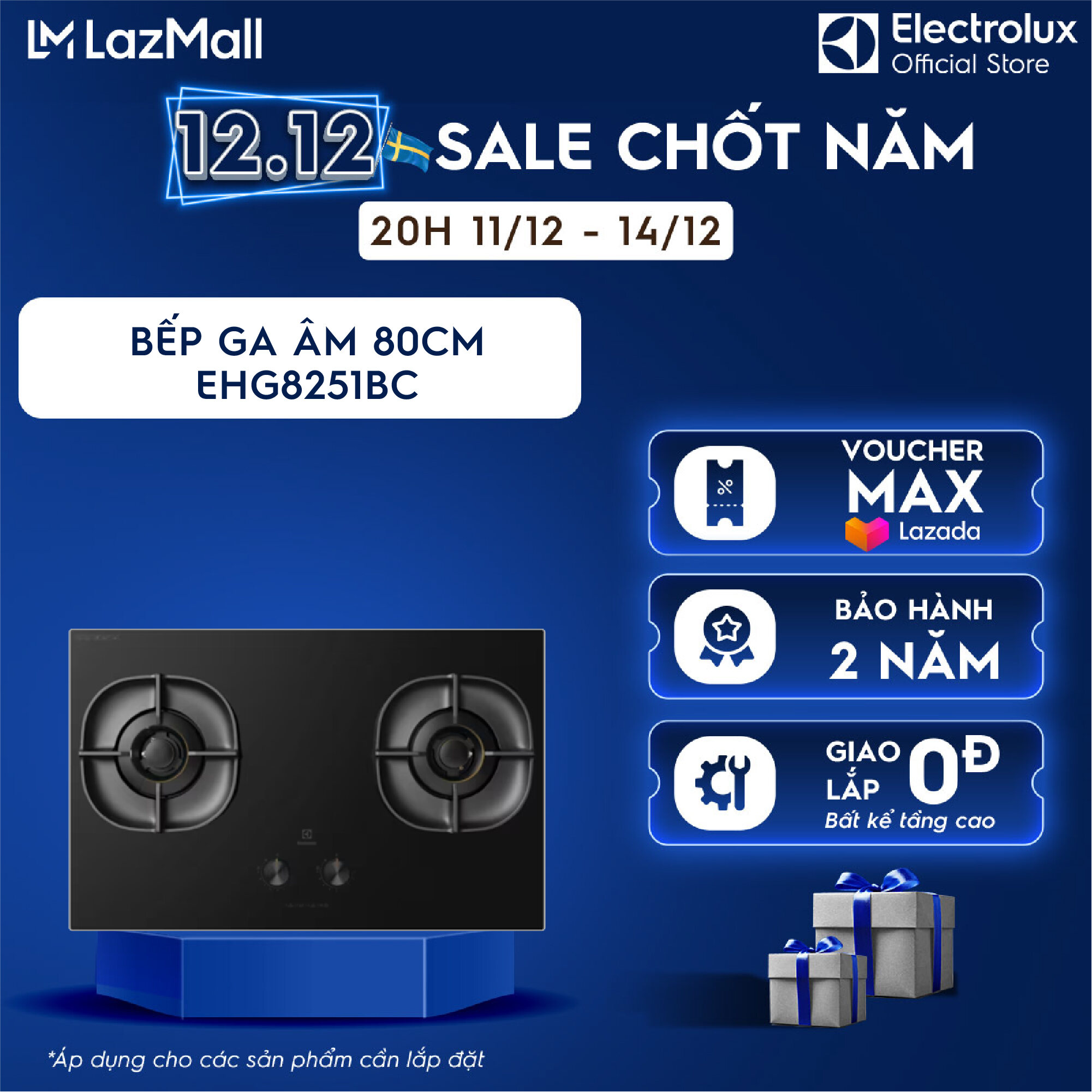  Bếp ga âm 80cm Electrolux EHG8251BC 2 vùng nấu StepFlame kiềng chắn gió tiết kiệm gas 