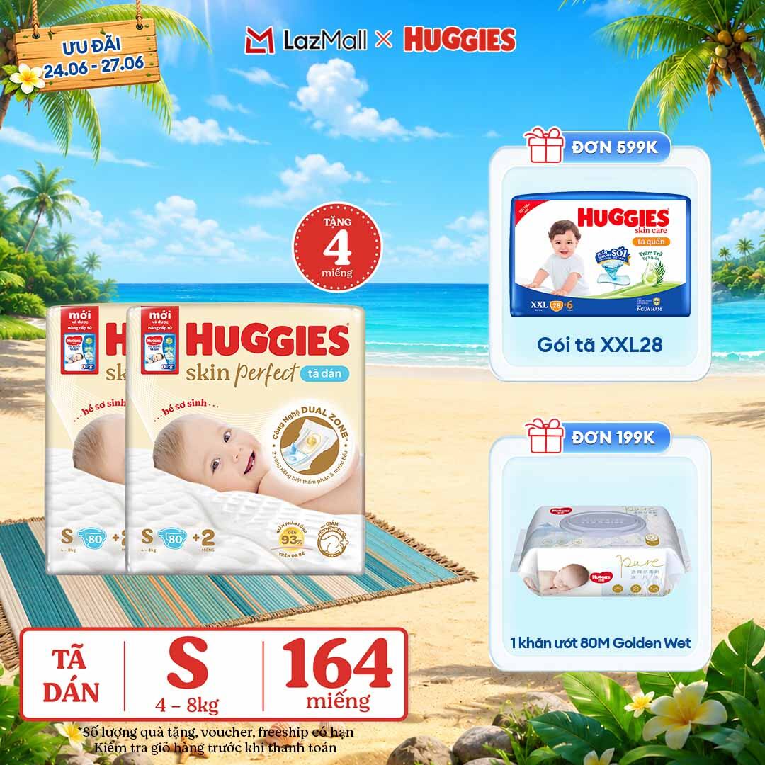 [Chỉ 25-29.06 QUÀ TẶNG ĐƠN 0Đ]  Combo 2 Tã/Bỉm dán sơ sinh Huggies Skin Perfect S80 - 80 miếng