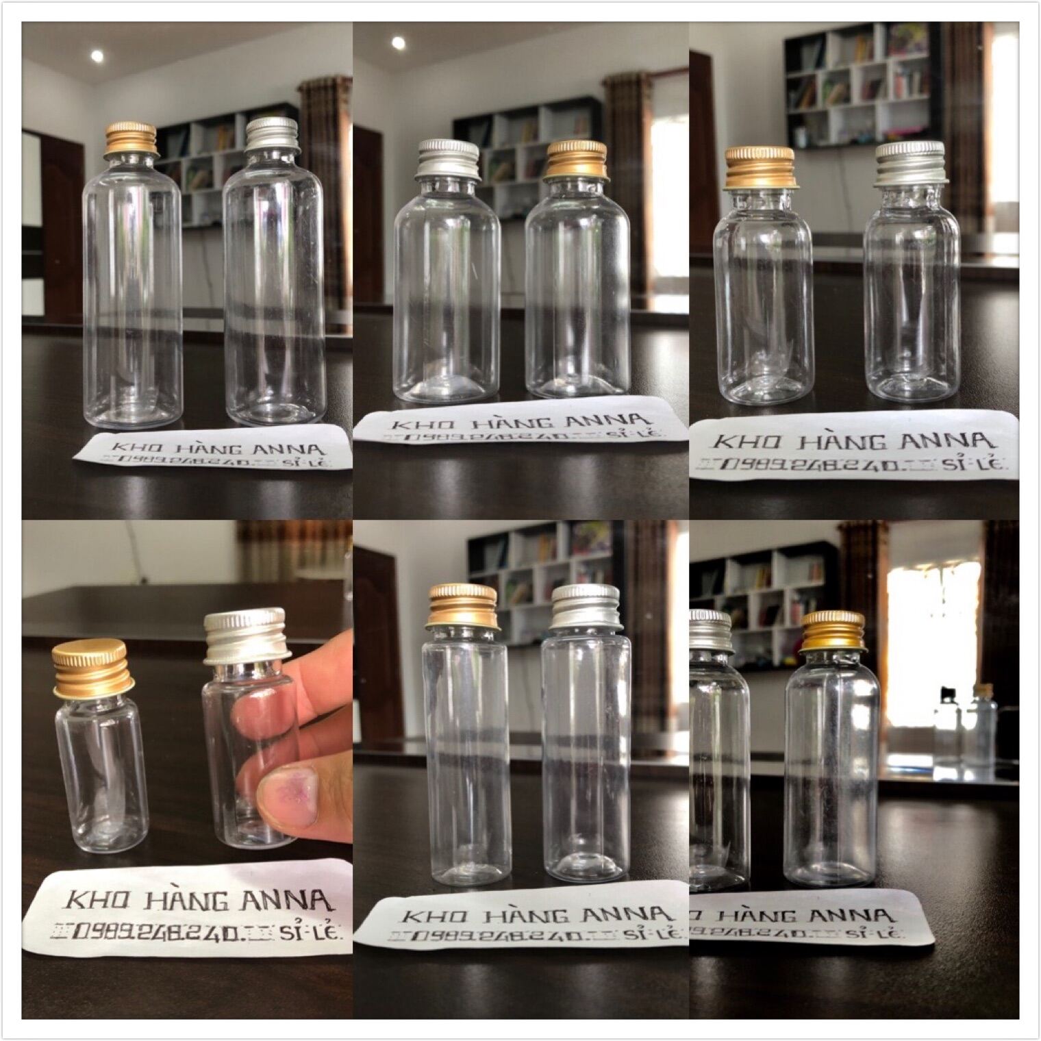 Combo 50 Chai nắp nhôm 100ml/ 50ml/ 30ml/ 10ml - Set 5 chai nhựa trong suốt nắp vặn nhôm màu vàng / màu bạc - Chai nhựa nhỏ chiết Mỹ phẩm , đựng nước rửa tay