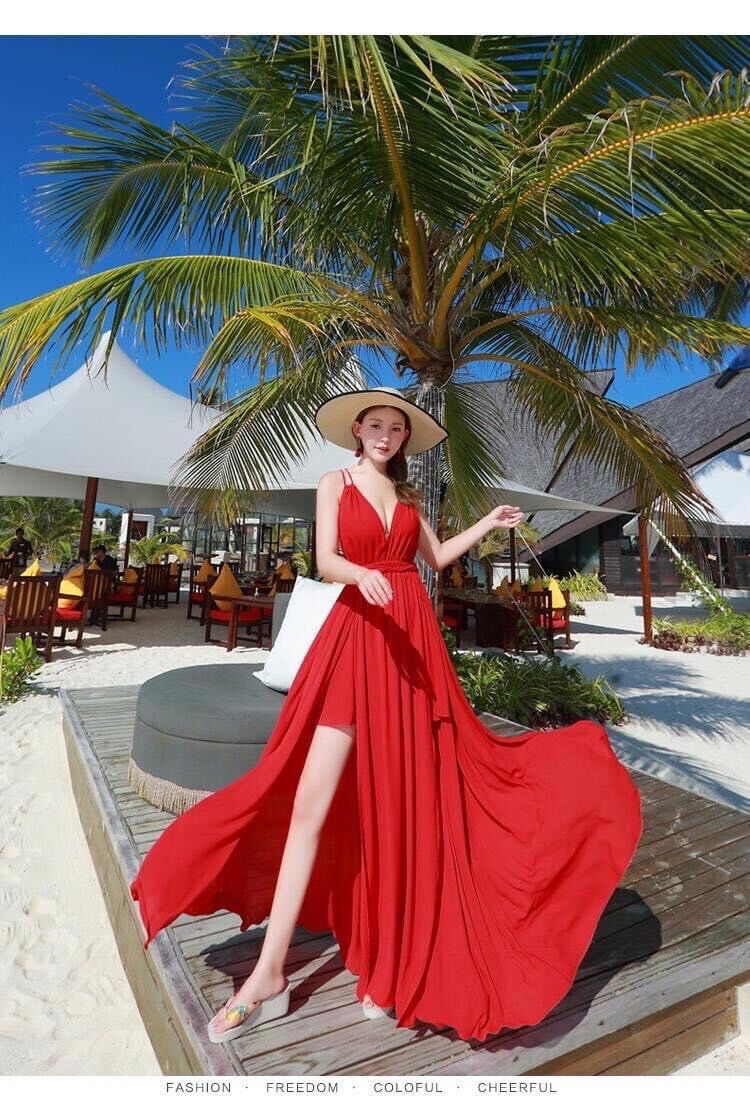Đầm maxi voan đi biển cổ tim hở lưng xẻ tà có lót kèm mút