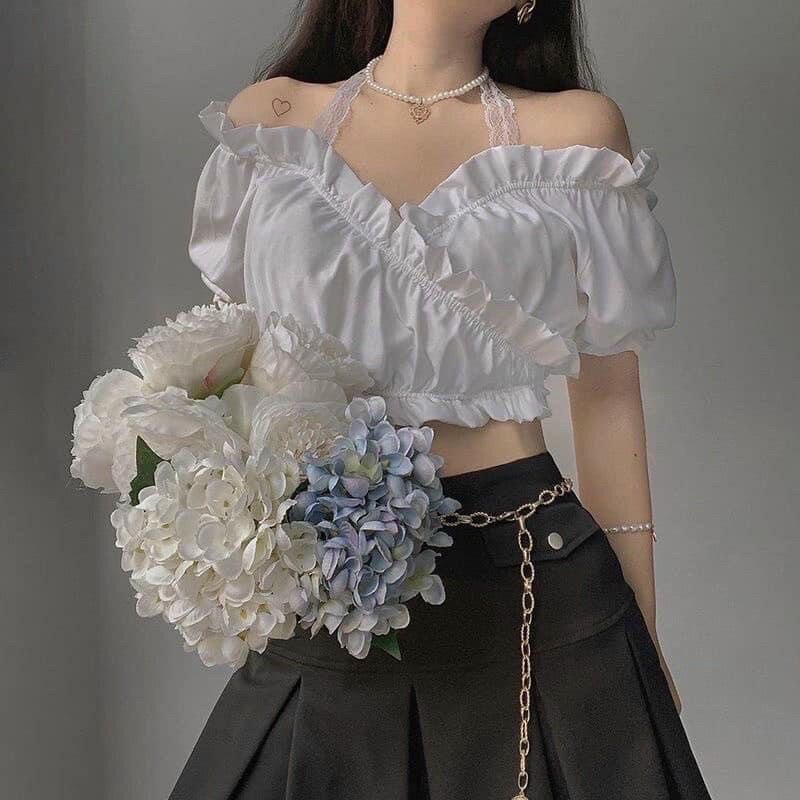 Áo croptop vai phối ren A22+