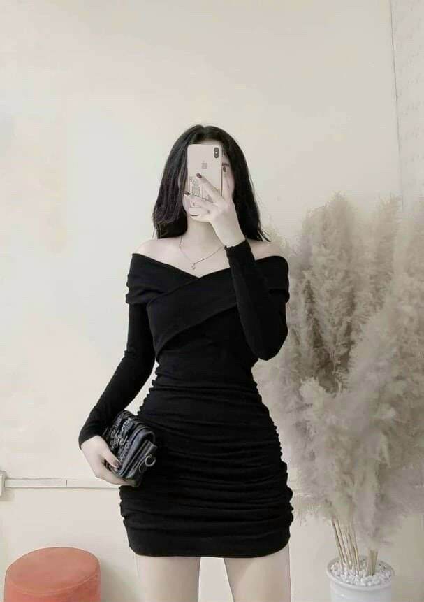 Đầm body thun gân trễ vai tay dài