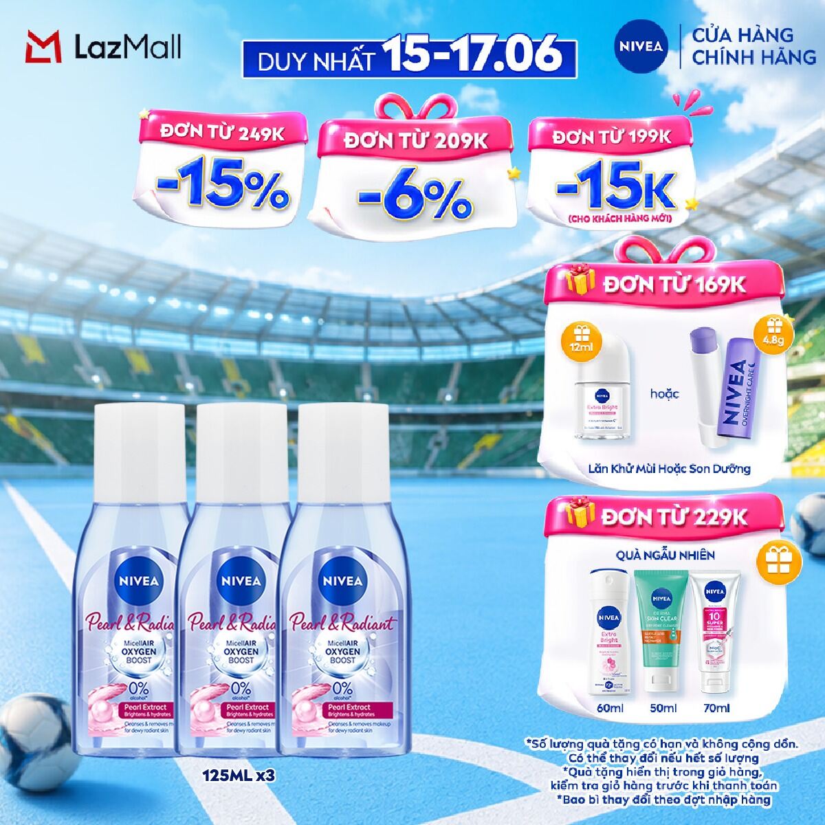 Bộ 3 Nước Tẩy Trang NIVEA Pearl  Radiant Micellair Oxygen Boost Micellar Water (125 ml) - 84910x3