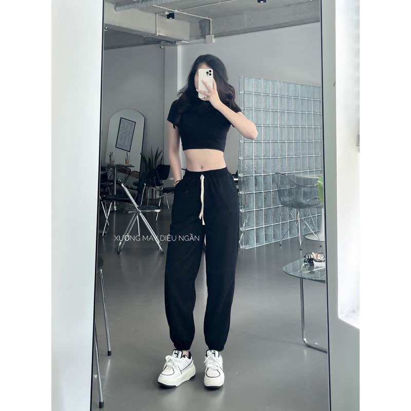 Quần jogger nữ cạp chun bo gấu chất vải cotton tổ ong quần bomber nữ