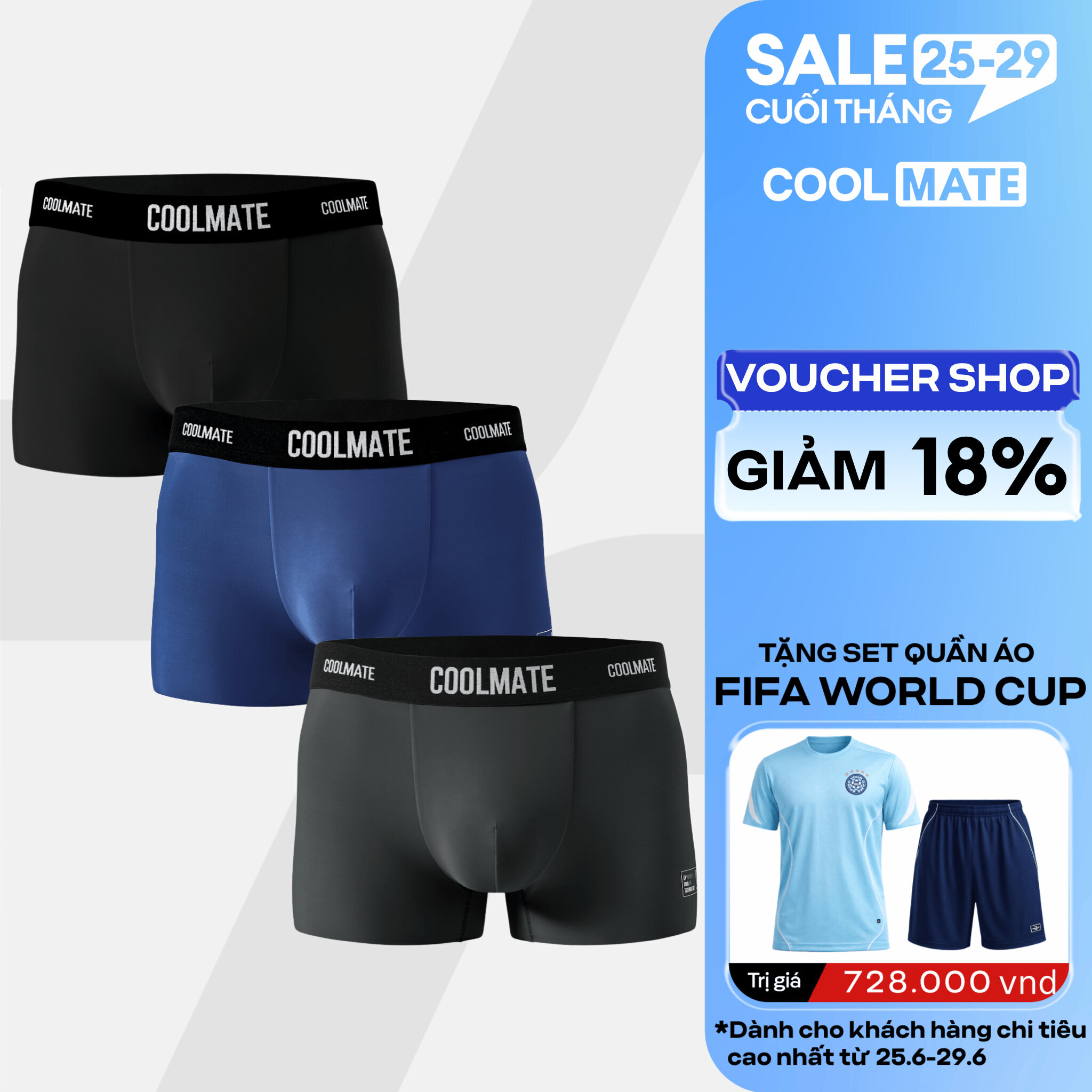 Combo 3 quần lót Trunk Excool Clean Cut mát mẻ, co giãn, siêu thấm hút Coolmate