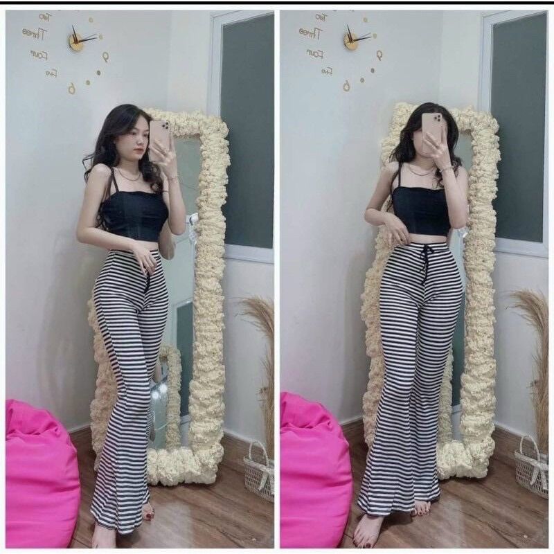 Set Quần Sọc Ống Loe + 2 Dây Đen