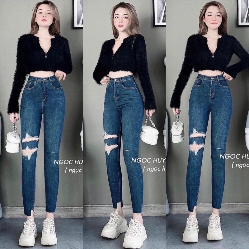 Quần jean ôm lưng cạp siêu cao rách hình thật