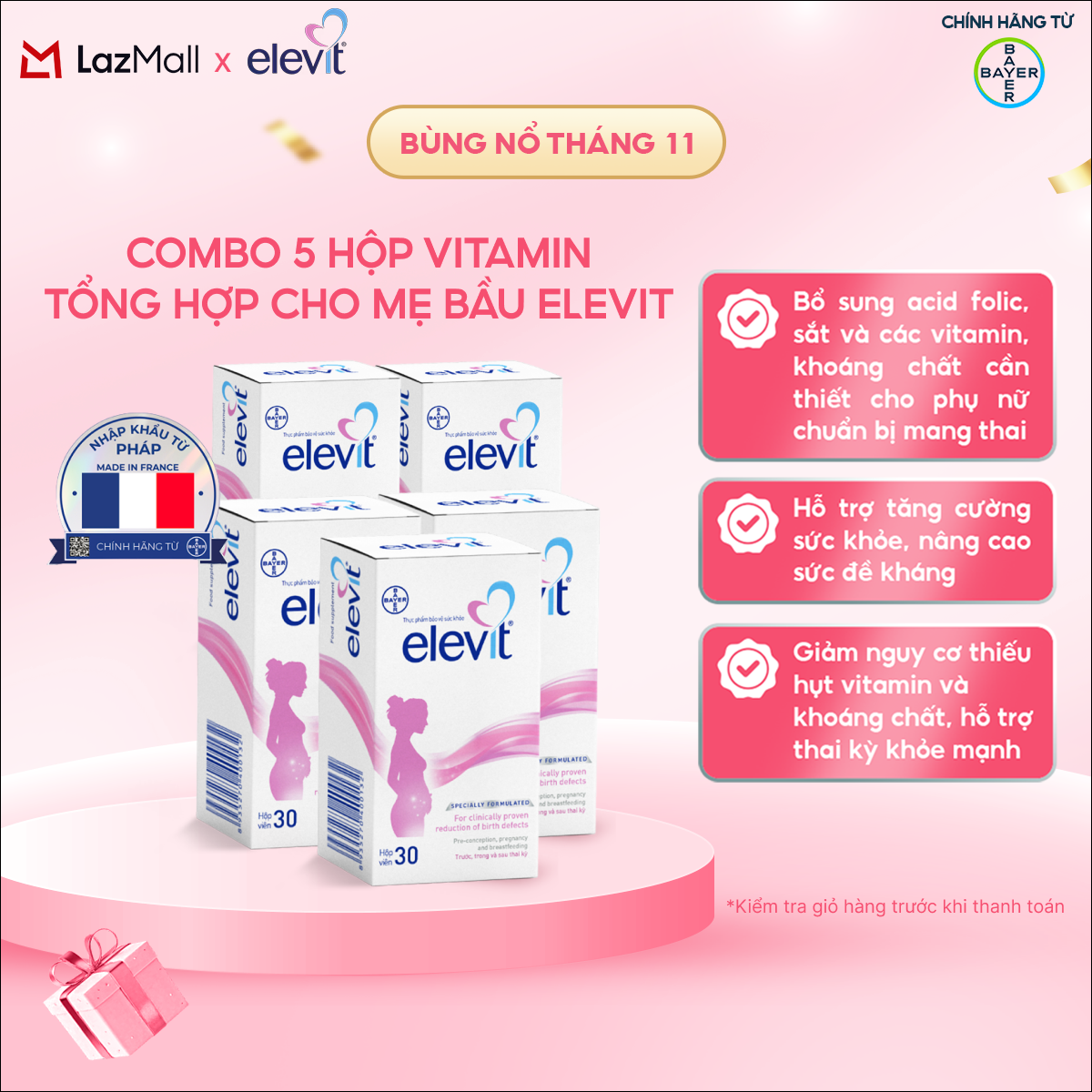 Bộ 5 Hộp Vitamin Bầu Tổng Hợp Elevit Cho Phụ Nữ Trước Trong và Sau Thai Kỳ (30 Viên/ Hộp)