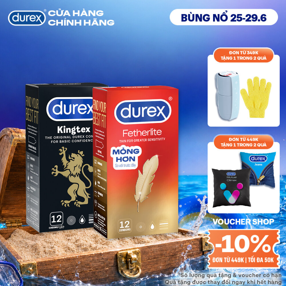 Combo 1 hộp Bao cao su Durex Kingtex 49mm 12 bao  1 hộp Bao cao su Durex Fetherlite siêu mỏng 52mm 12 bao