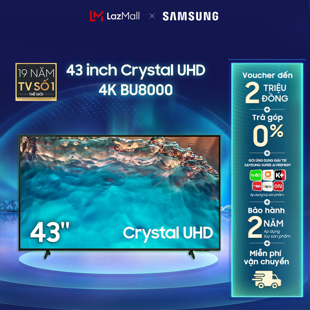 Smart Tivi Samsung 4K Crystal UHD 43 inch UA43BU8000KXXV Kết nối bluetooth Tìm Kiếm giọng nói Bằng Tiếng Việt - Hàng Chính Hãng - Phân Phối Bởi LAZADA
