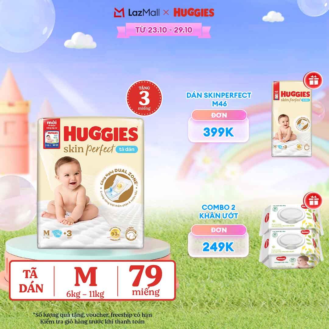 [CHỈ 23-29.10 QUÀ TẶNG ĐƠN 0Đ]  Tã dán Huggies Skin Perfect Super Jumbo M76+3 miếng