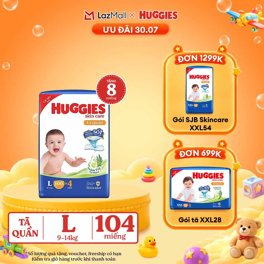 [30.7 GIẢM THÊM 90K]  Gói Tã/bỉm quần HUGGIES SKINCARE MEGA JUMBO size L100+4 miếng