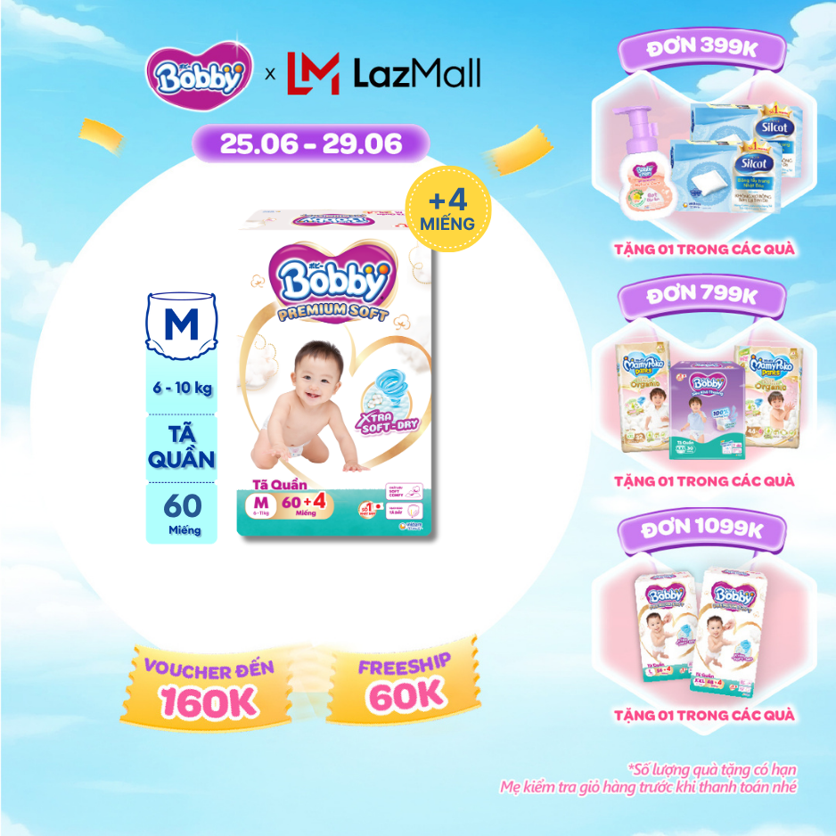 [SALE CUỐI THÁNG tặng QUÀ TO-SLCH][Tặng 4 miếng] Tã quần Bobby Premium Soft size M60