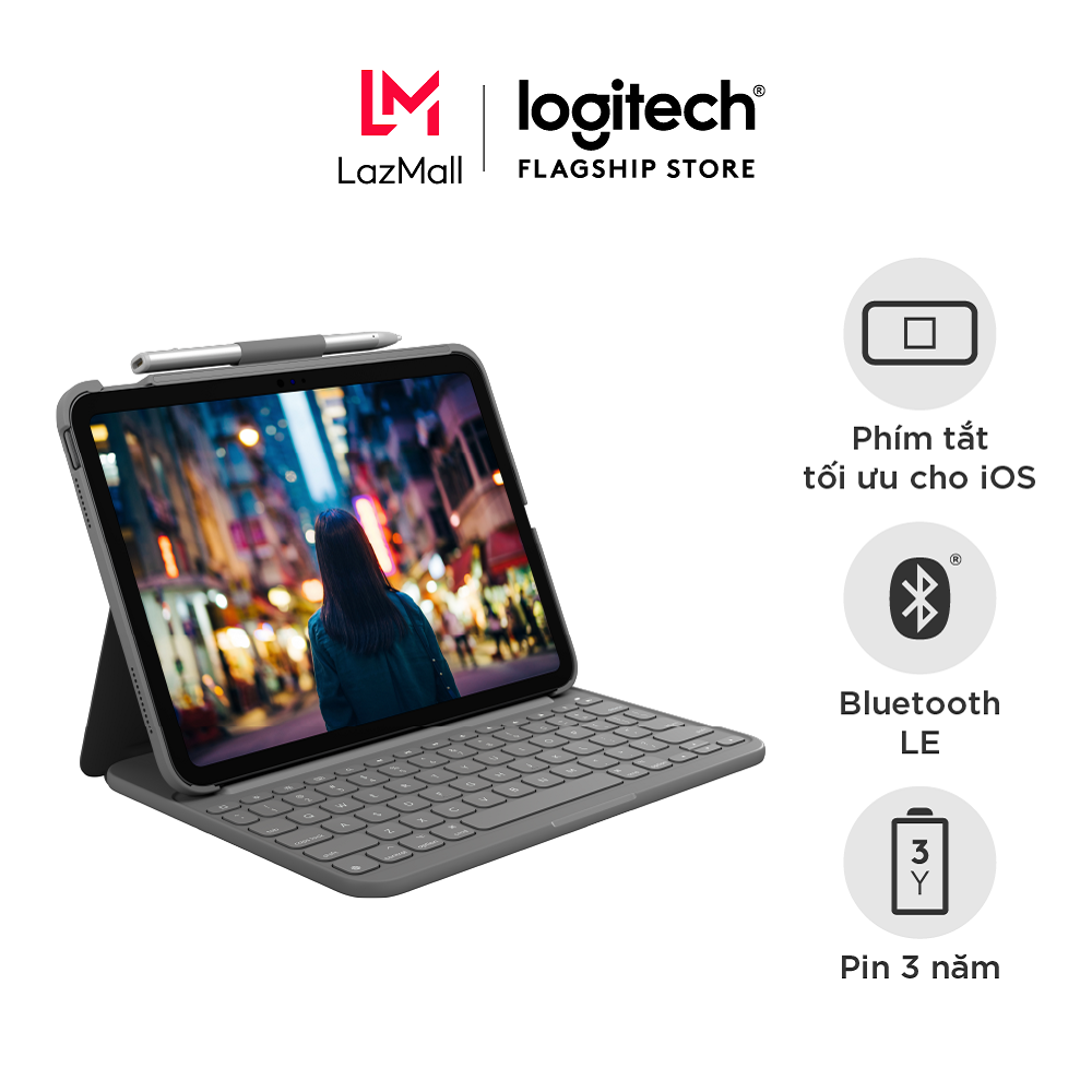 Bao da kèm phím Logitech Slim Folio dành cho iPad Gen 10 (10.9 inch) - Bluetooth Pin 3 năm chống thấ