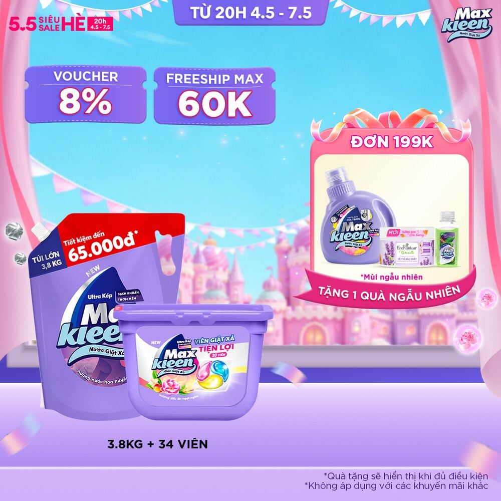 Combo Túi nước giặt xả 3.8 kg + Túi viên giặt xả 34 viên MaxKleen hương Huyền Diệu