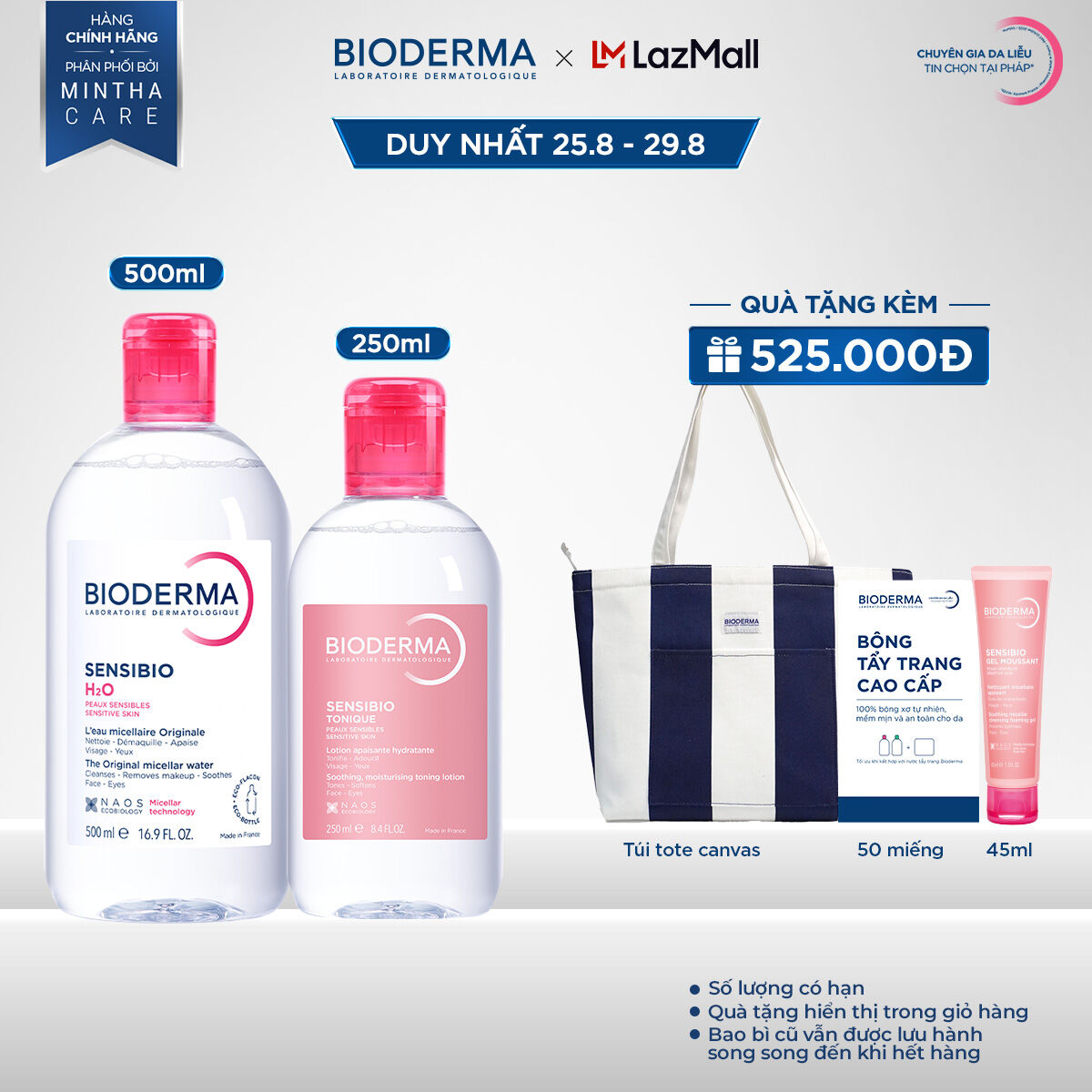 Bộ đôi nước tẩy trang làm sạch micellar cho da nhạy cảm Bioderma Sensibio H2O 500ml và dung dịch cân bằng, dưỡng ẩm 250ml