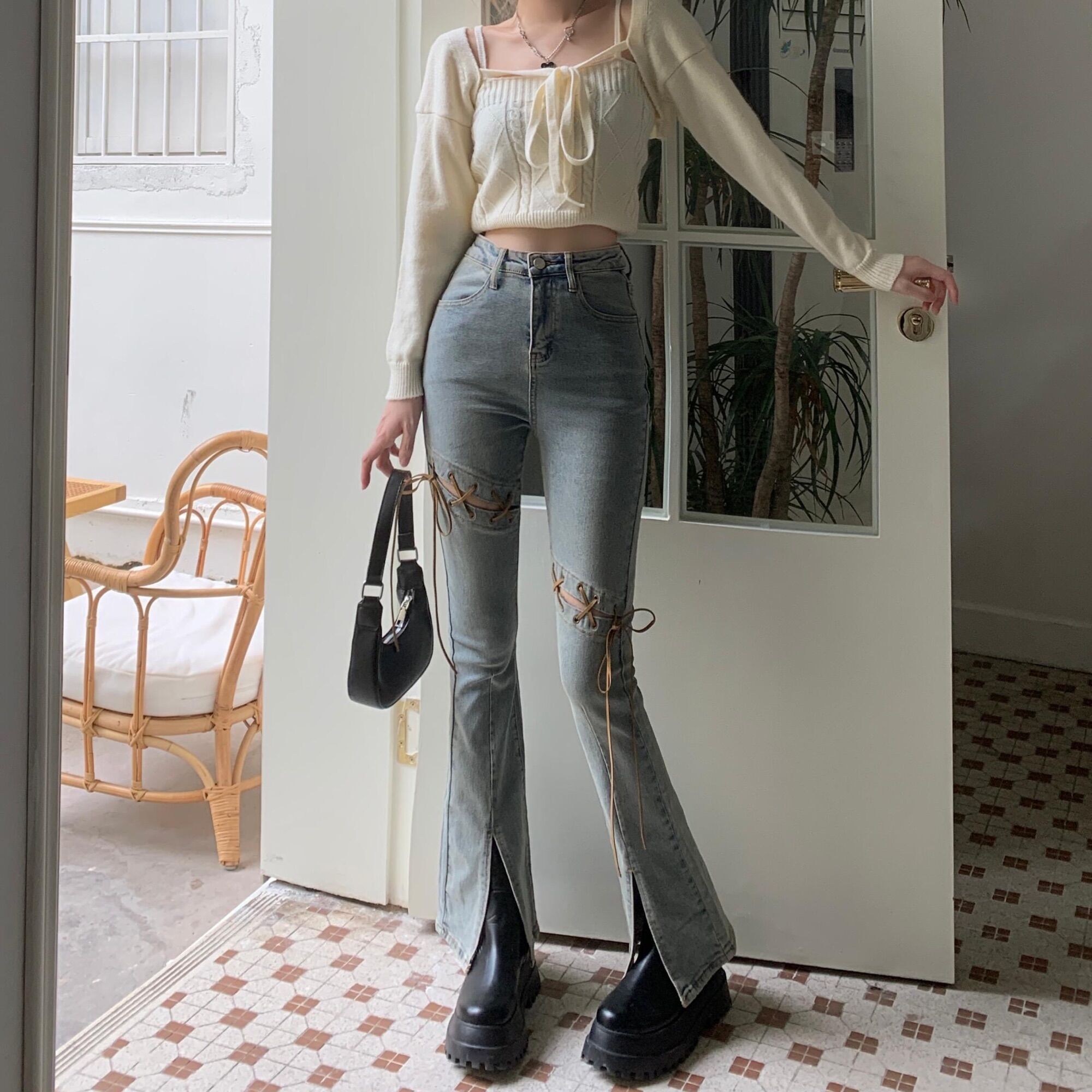 Quần jeans ống loe lưng cao phối dây thắt (kèm ảnh thật ở cuối)