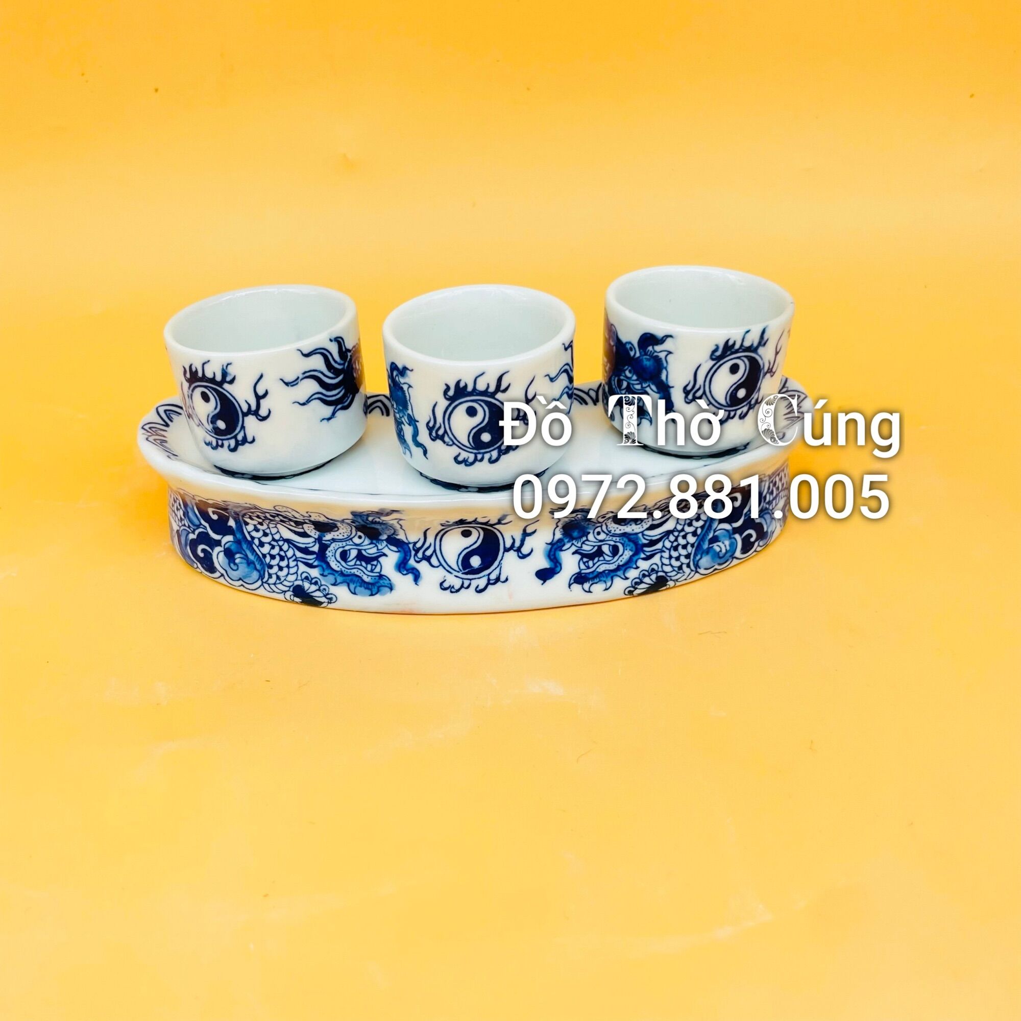 Bộ kỷ chén thờ men lam , hàng 3D vẽ kĩ  (T. A)