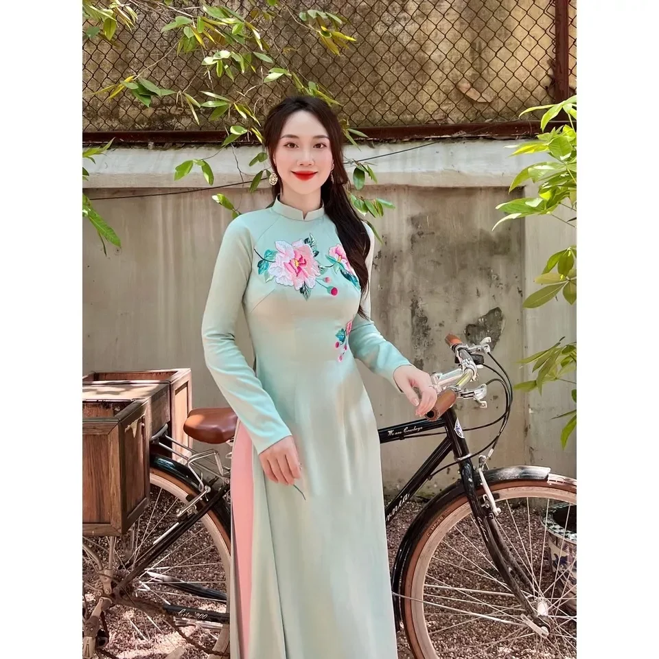 áo dài xanh ngọc  họa tiết