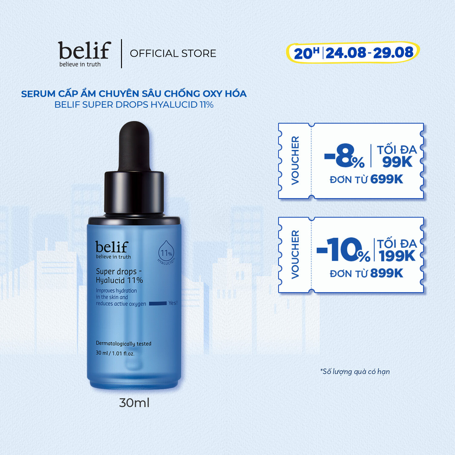 Tinh chất cấp ẩm chuyên sâu chống oxy hóa belif Super Drops Hyalucid 11% 30ml