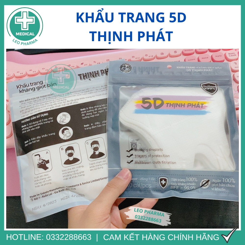 Túi 10 Cái Khẩu Trang Y Tế 5D Mask THỊNH PHÁT Quai Thun Dày 3 Lớp Vải Không Dệt Leo Pharma