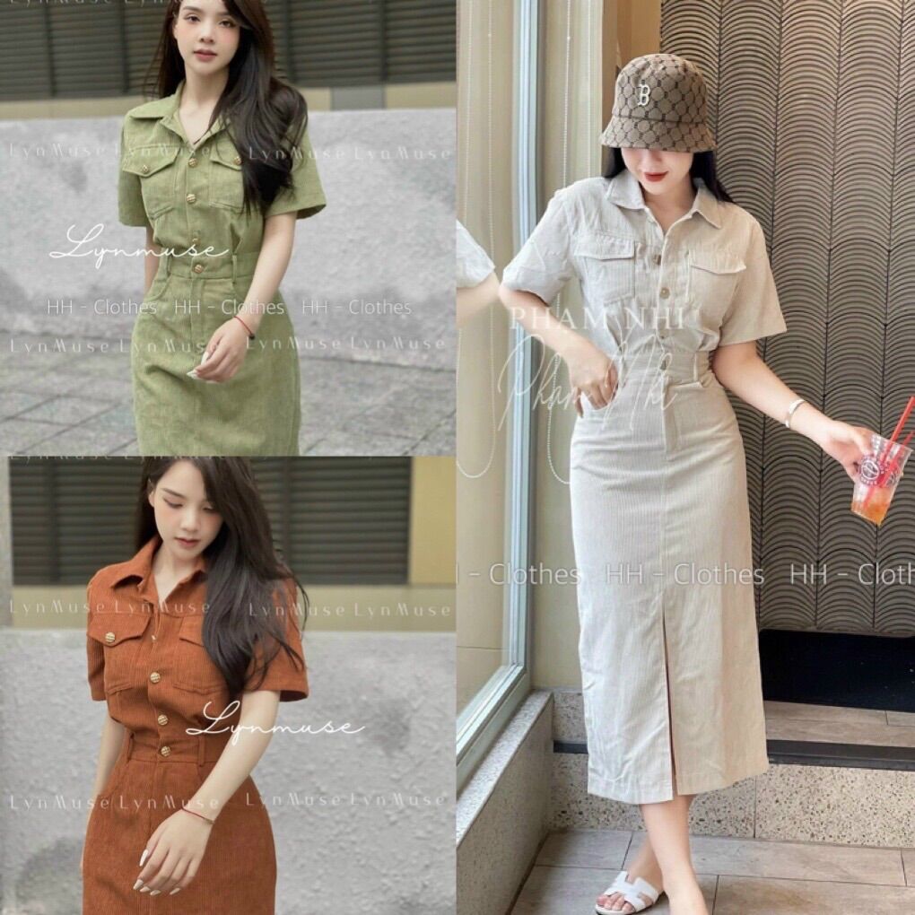 Váy nhung tăm sê trước cúc đồng