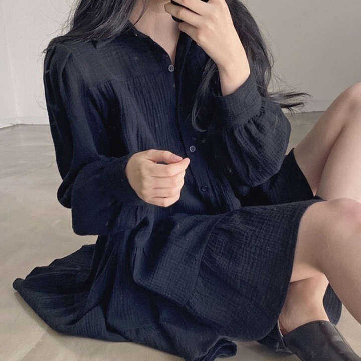 Hàn Quốc Chic Mùa Xuân Đơn Giản Khí Chất Cổ Bẻ Kiểu Gấp Mà Dáng Suông Rộng Khuy Một Hàng Tay Bồng Ngắn Búp Bê Váy Liền – No Brand >>> top1shop >>> lazada.vn