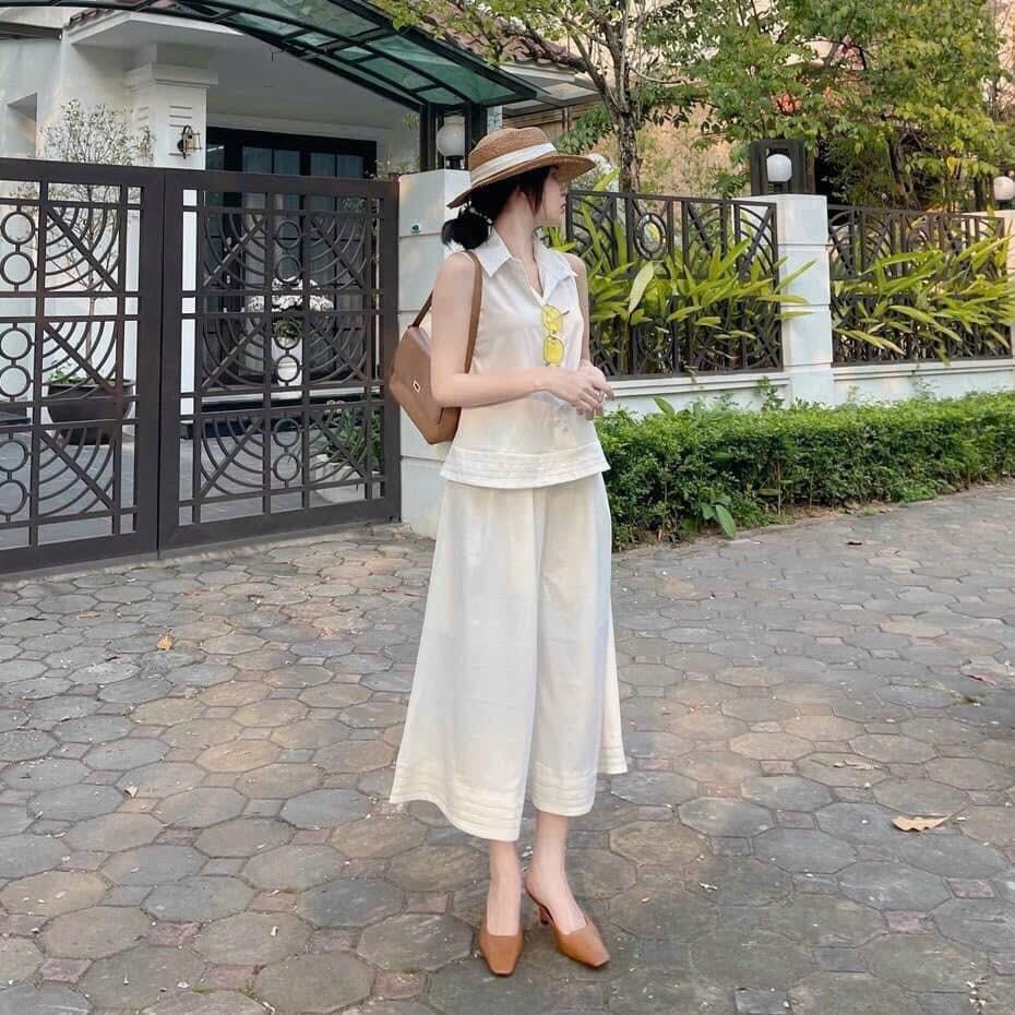 Set áo sơ mi sát nách form rộng phối quần lỡ ống rộng màu trắng